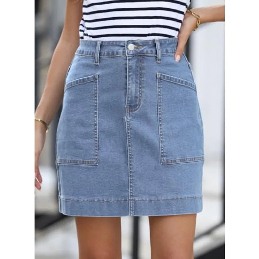 Sidefeel Women's Jean Skirt High Waisted Stretch Casual Summer Zimbaplatinum Denim Skirt with Pockets