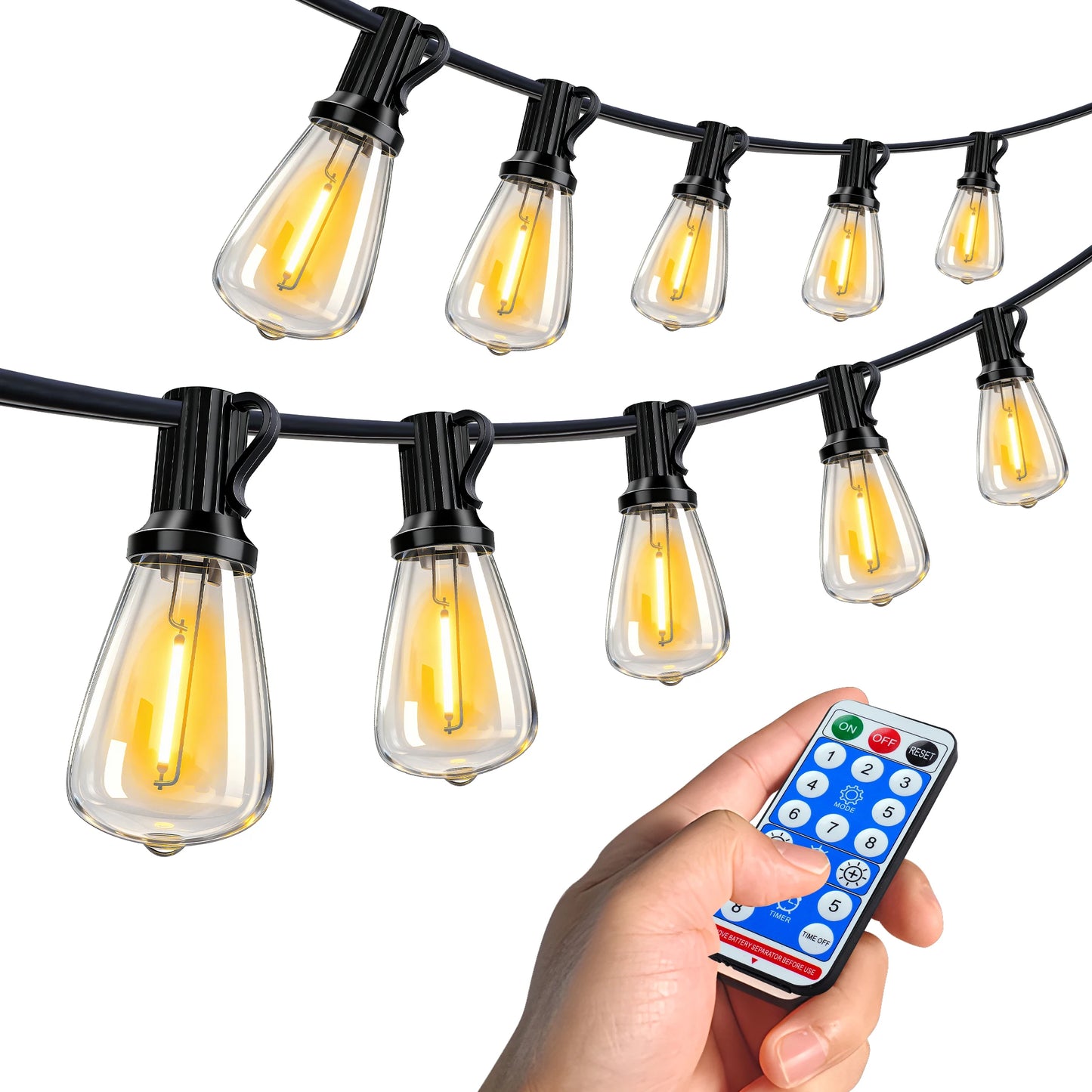 100FT Solar Outdoor String Lights IP65 Waterproof Patio Lights, Shatterproof E12 Replaceable Bulbs, Remote Dimmable Timing