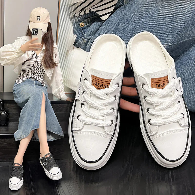 Platform Slip-On Backless Canvas Sneakers, Women's Casual Mule Shoes, Closed Toe Lace-Up Walking Footwear