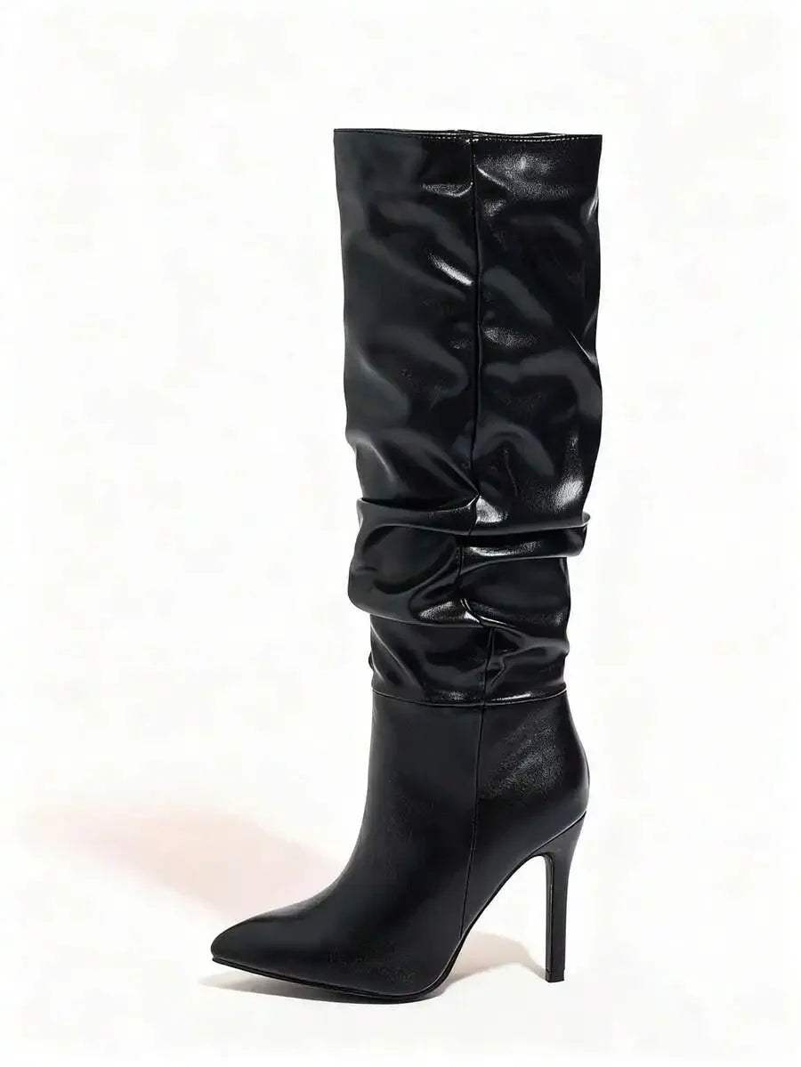 Womens Black Pleated Knee-High Pointed Toe High Heel Boots