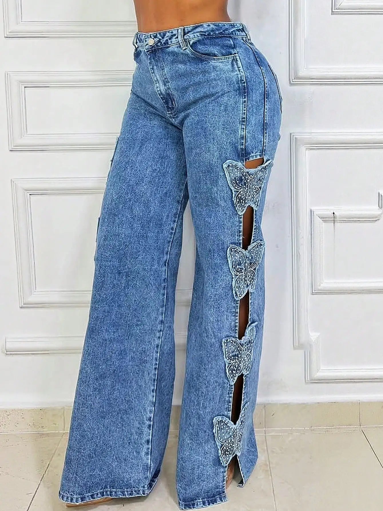 GLOURI Women's High Waist Stretchy Wide Leg Jeans | Washed Blue Denim Side Cutout with Butterfly Decorations Casual Loose Fit Denim Trousers for Date Night Daily Wear