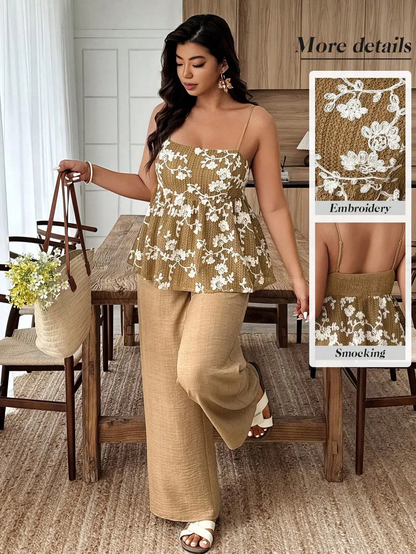 Plus Size Women Summer Solid Ruffle Hem Camisole And Wide Leg Pants Set