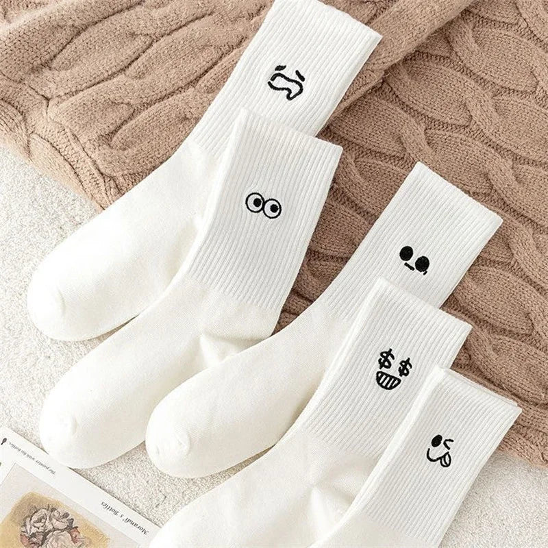 3/ 5 Pairs Women's Cartoon Socks Autumn Girls Cute Funny Expression Pattern Mid Tube Kawaii Casual Breathabl White Female Socks