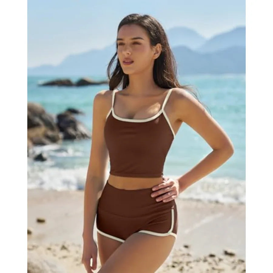 QINSEN Women's Two Pcs Swimsuit Spaghetti Strap Crop Top with High Wasited Boyshort Style Bikini Bottom