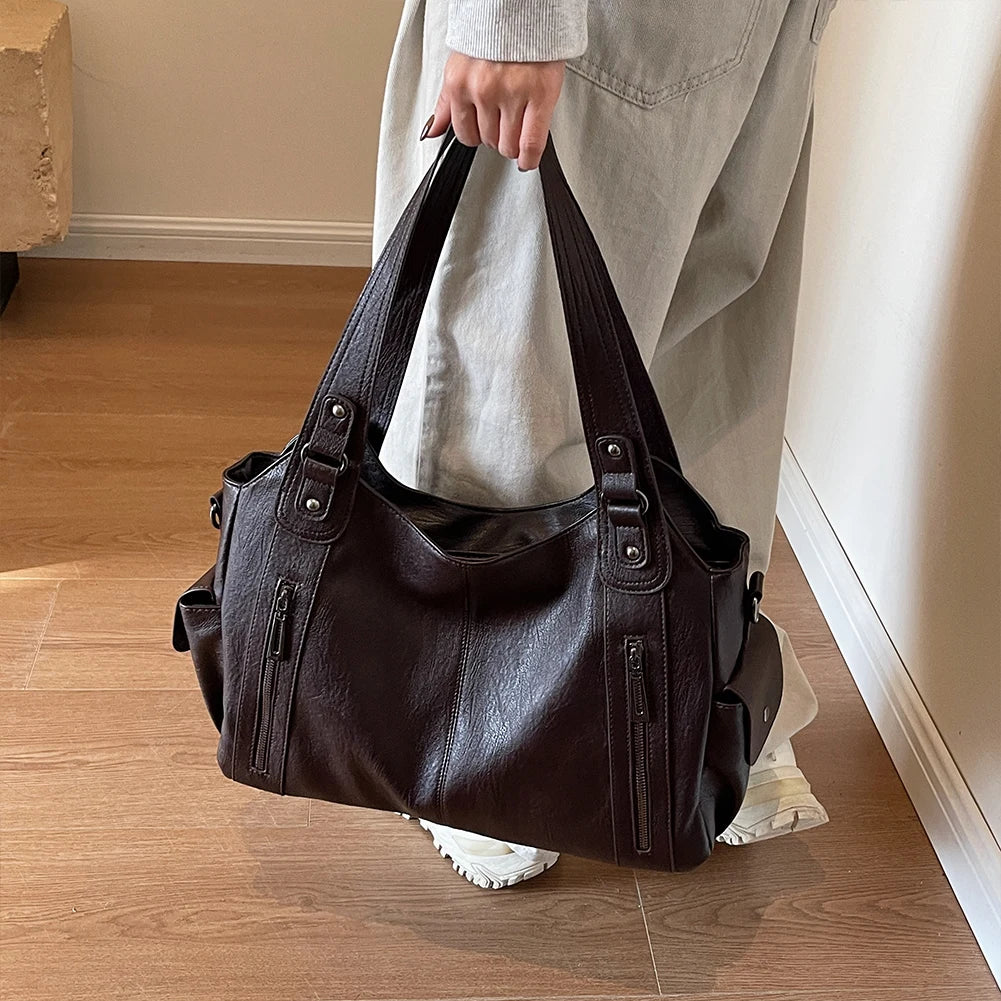 Tote Bag PU Leather with Zipper Shoulder Bag for Women with Multi-Pockets Messenger Bag Retro Handbag for Work Travel
