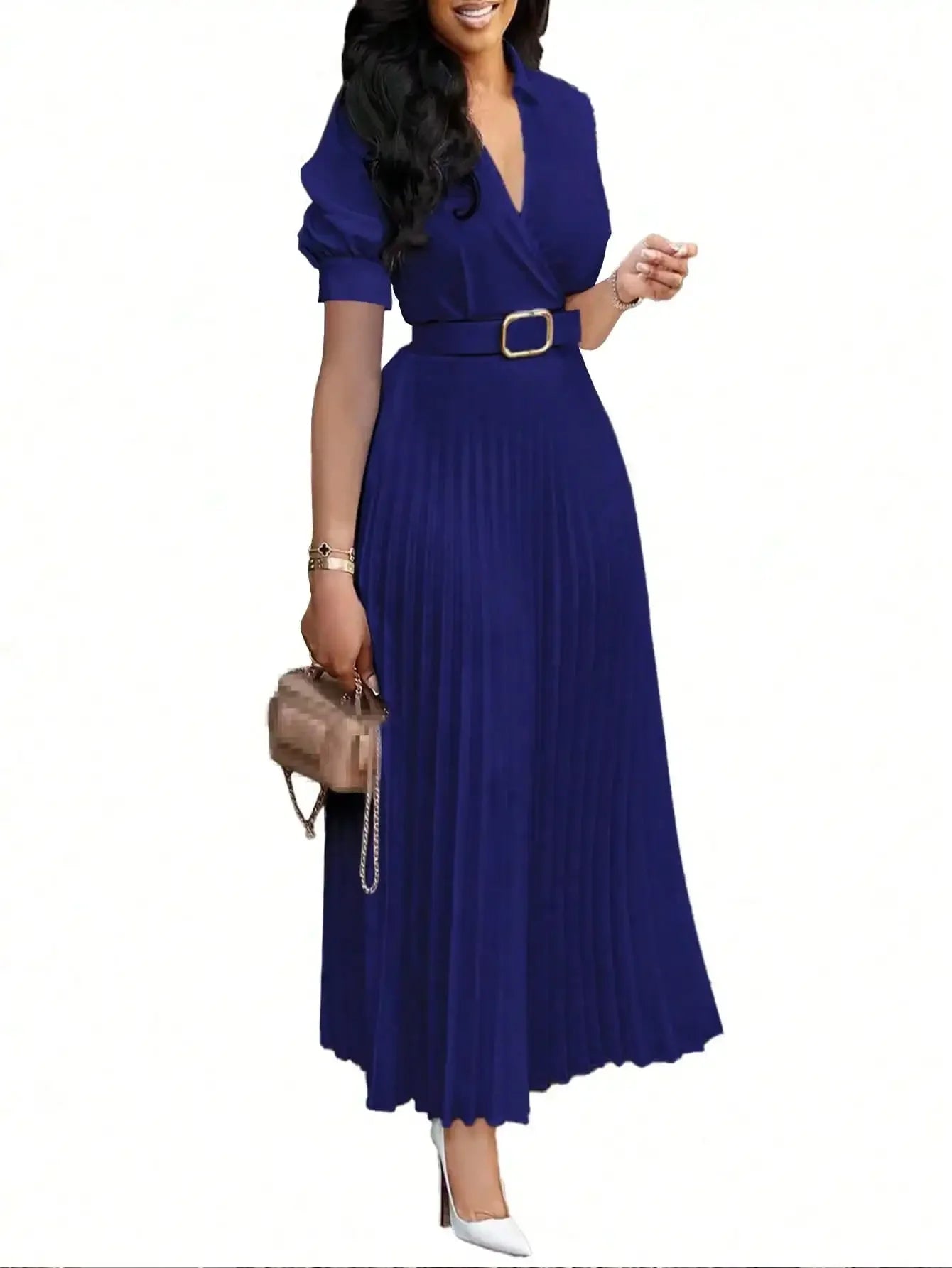 Elegant Waist-Cinching Solid Color Pleated Skirt With Belt, Short Sleeve Dress, Spring/Summer