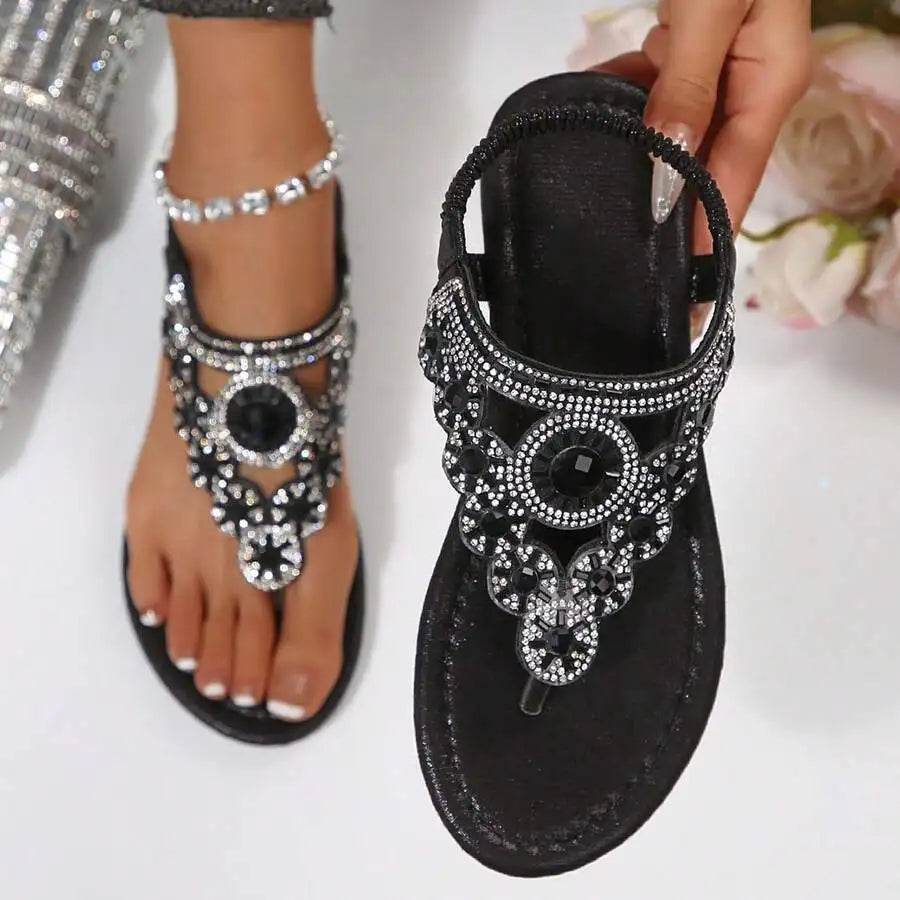 Women Bohemian Flat Sandals With Rhinestone Decoration Open Toe T-Strap Thong Beach Summer Shoes
