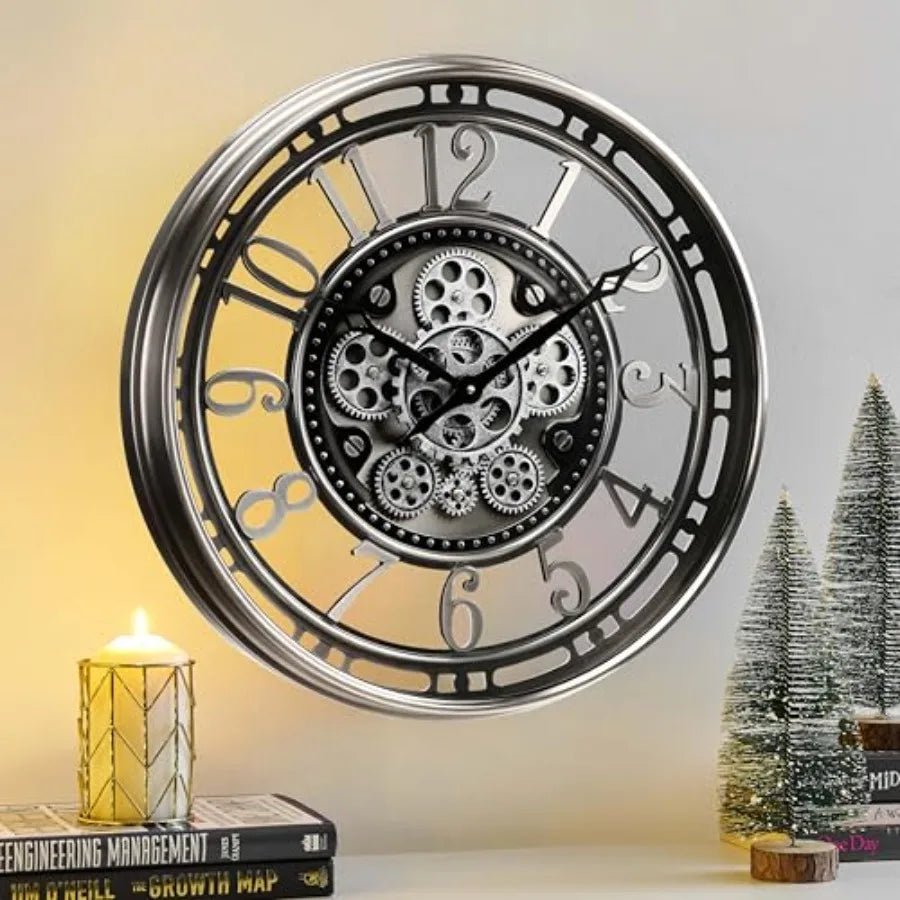 21 Inch Large Moving Gear Wall Clock for Living Room, Industrial Steampunk Decor, Gunmetal Silver Finish, Metal Construction
