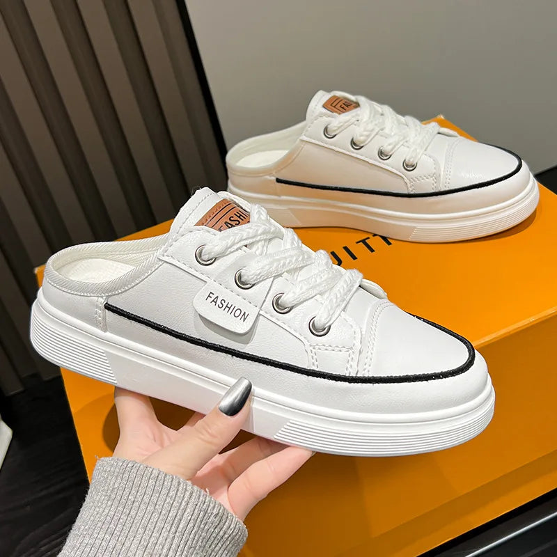 Platform Slip-On Backless Canvas Sneakers, Women's Casual Mule Shoes, Closed Toe Lace-Up Walking Footwear