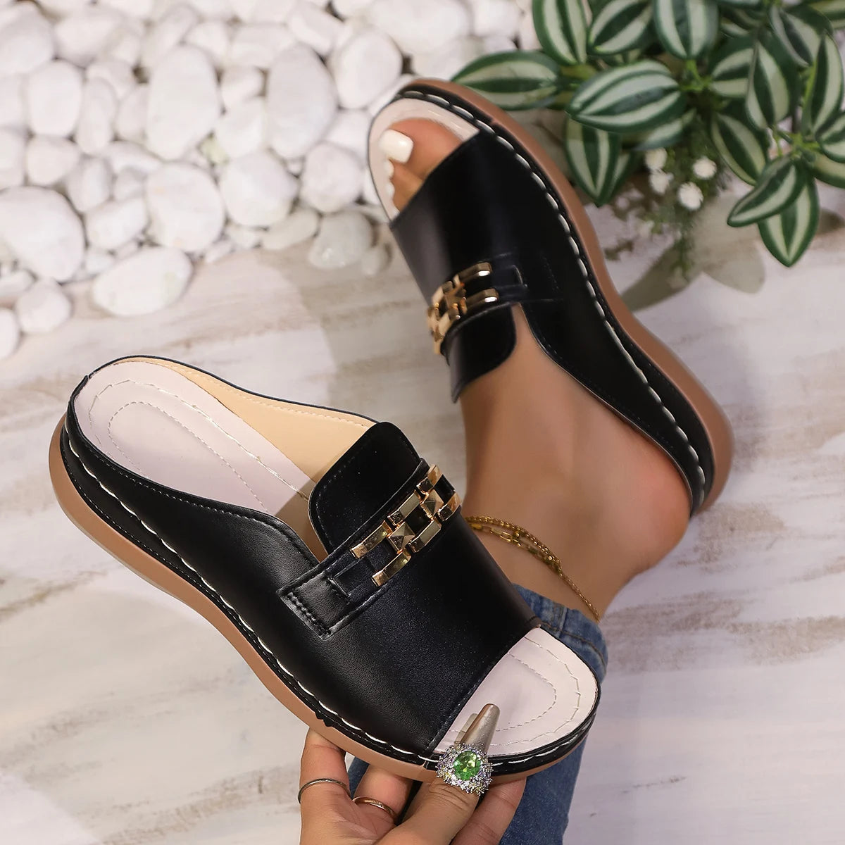 Women'S Chunky Platform Sandals - Slip-On Open-Toe Shoes with Golden-Tone Chain Accent, Non-Slip Wedge Heel, Cushioned Insole -