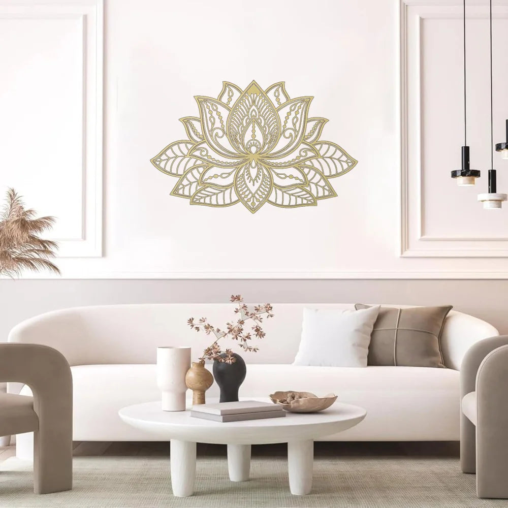 Boho Zen Radiant Lotus Wall Art, Shiny Metal Mandala Sculpture, Golden Brass Finish Iron Hanging Decor for Living Room, Bedroom, Yoga Studio, Bohemian Housewarming Gift