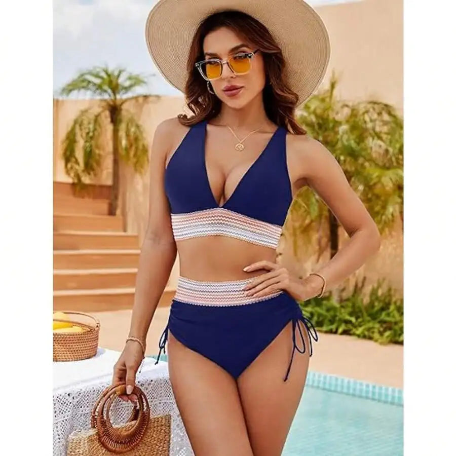 Women High Waisted Bikini Set Tummy Control Two Piece Drawstring Swimsuit