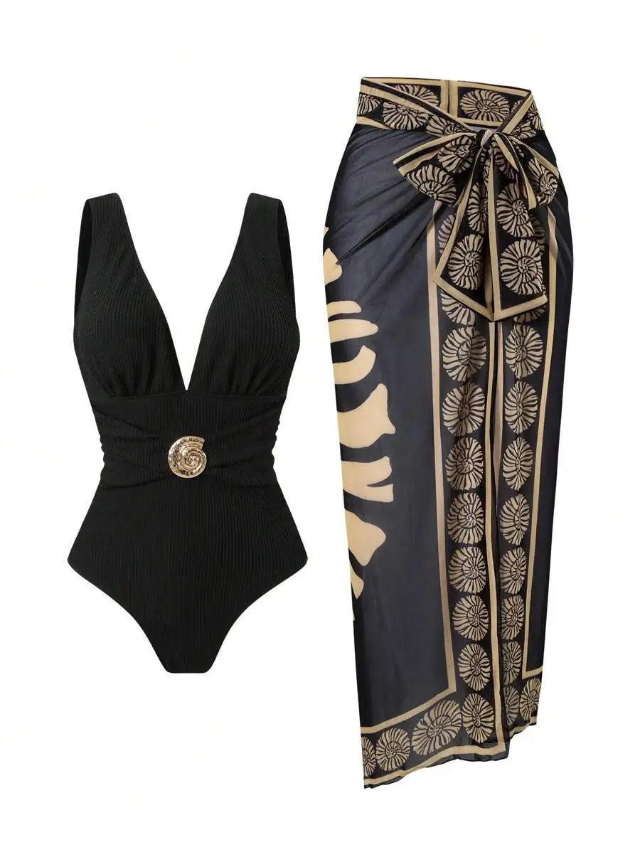 Women Blue Mesh Printed Long Skirt Beach Cover Up Swimsuit Set Summer Vacation