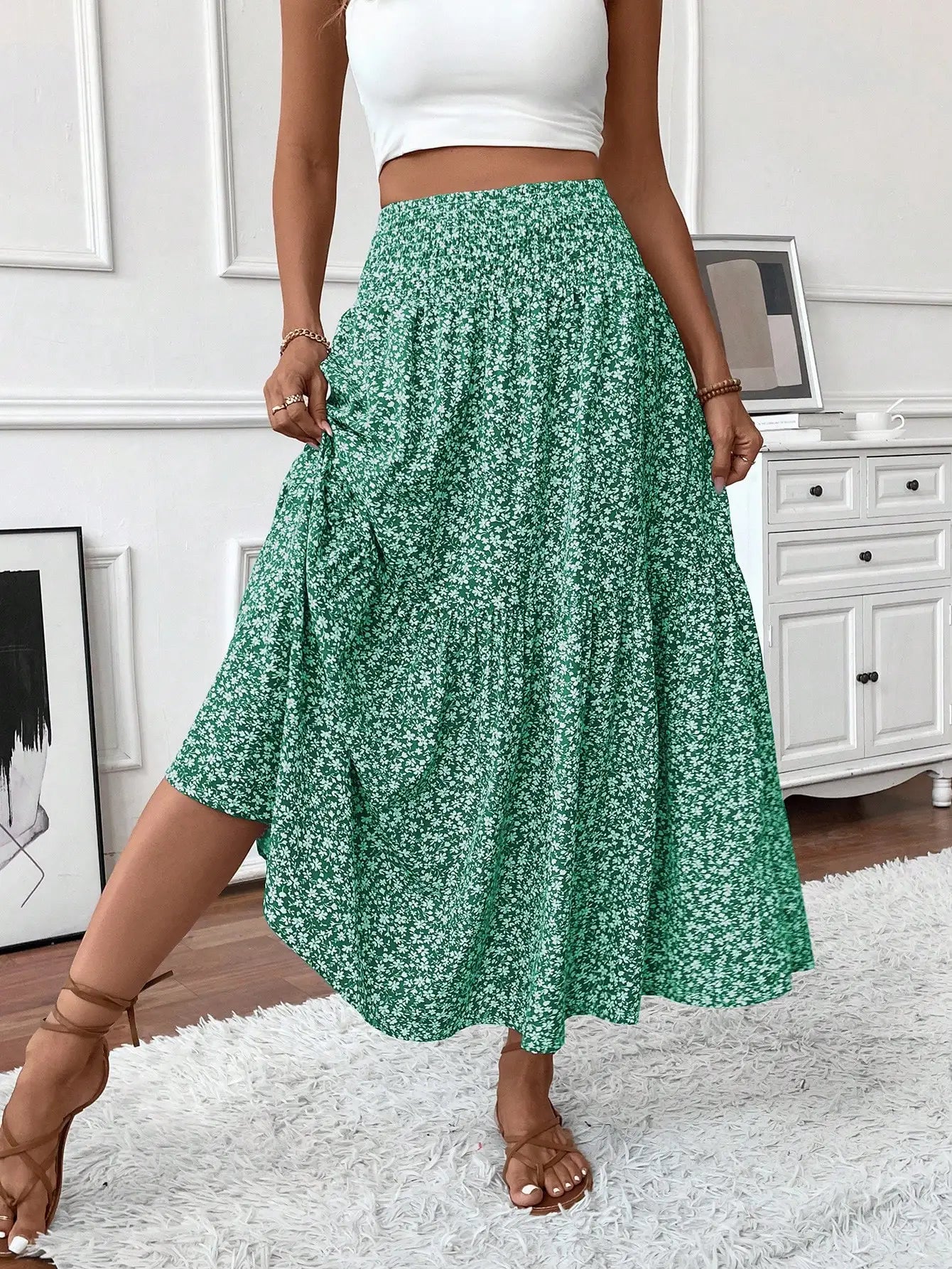 Womens Ditsy Floral A-Line Skirt With Pockets Elastic Waist Ruffle Hem