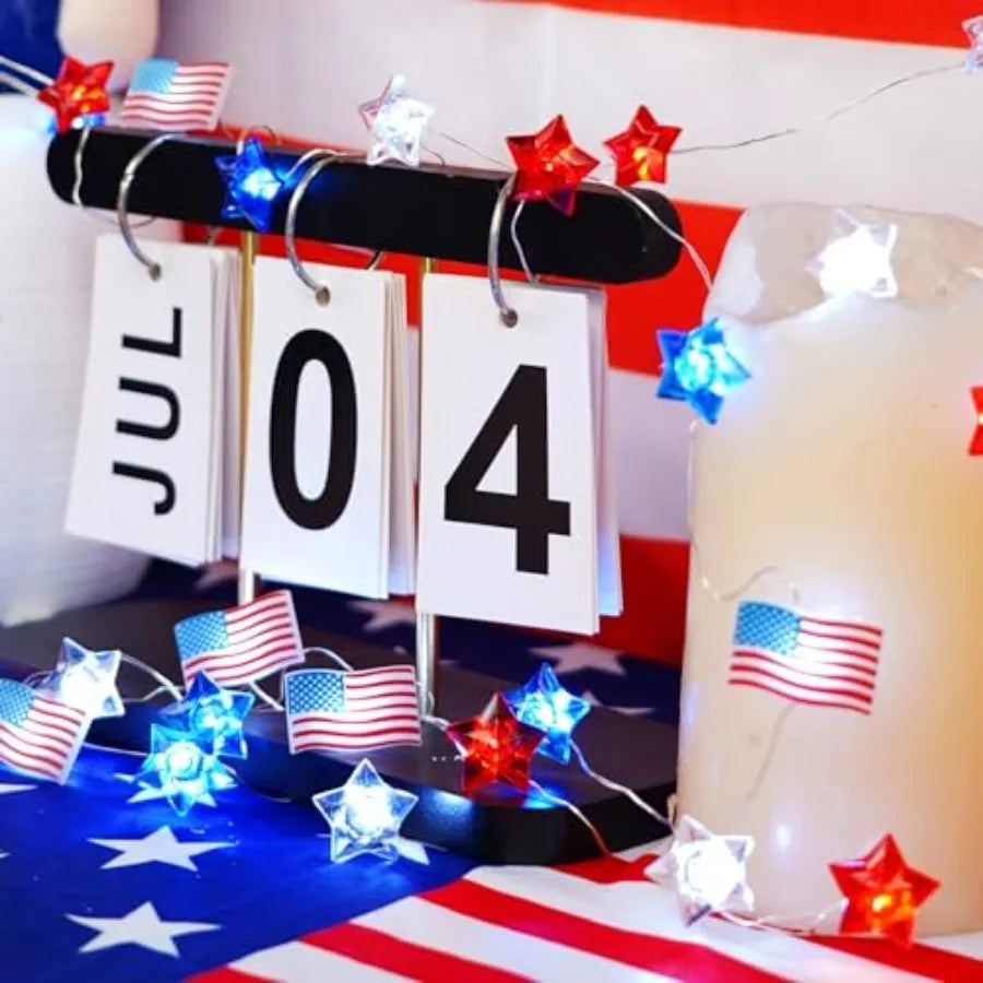 4th of July Decorations Star American Flag Lights 13Feet 40LED Fairy String Lights Battery Operated with Timer Fourth of July D