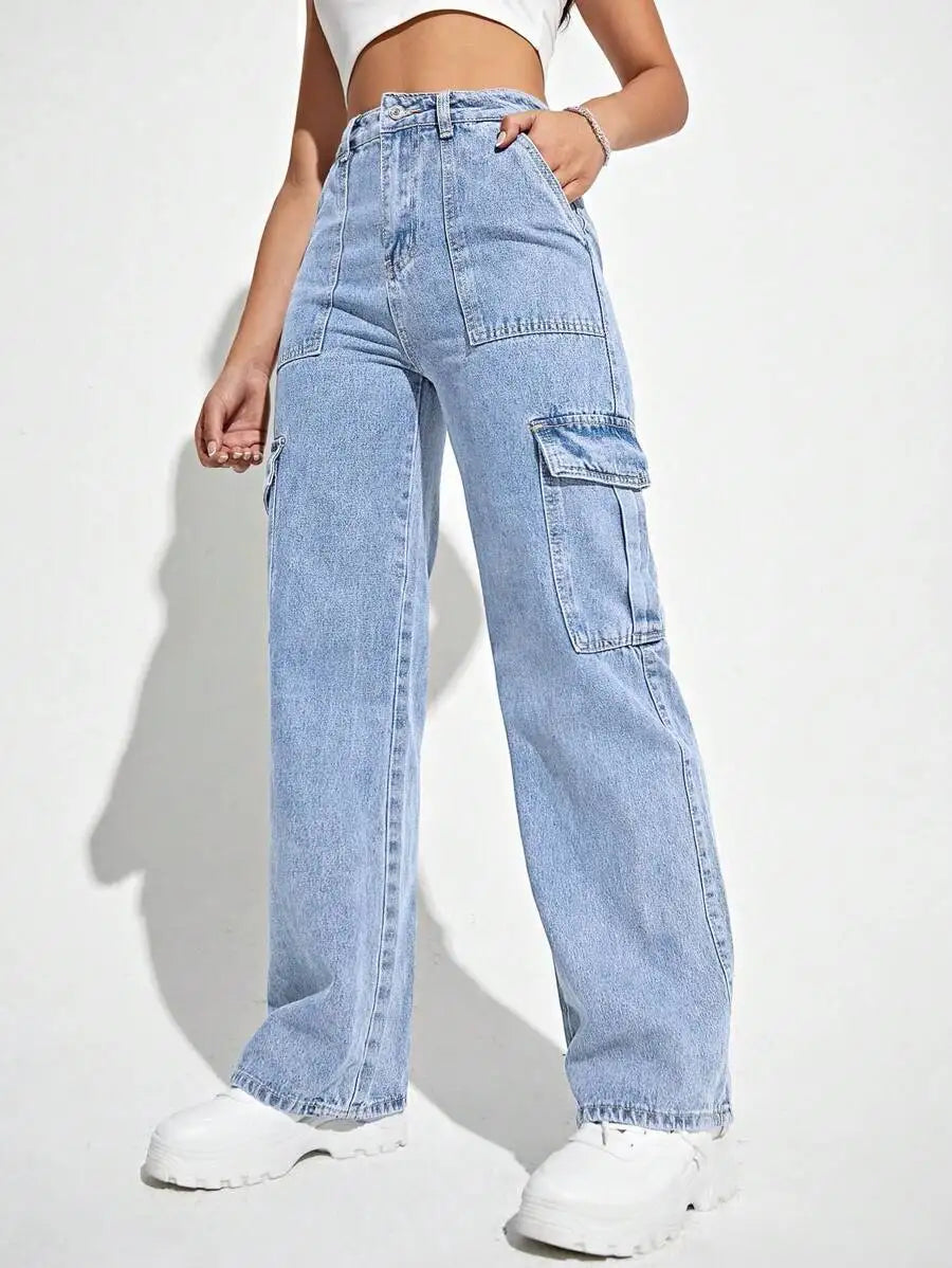 High Waist Flap Pocket Cargo Jeans Y2k Style Wide Leg Denim Pants
