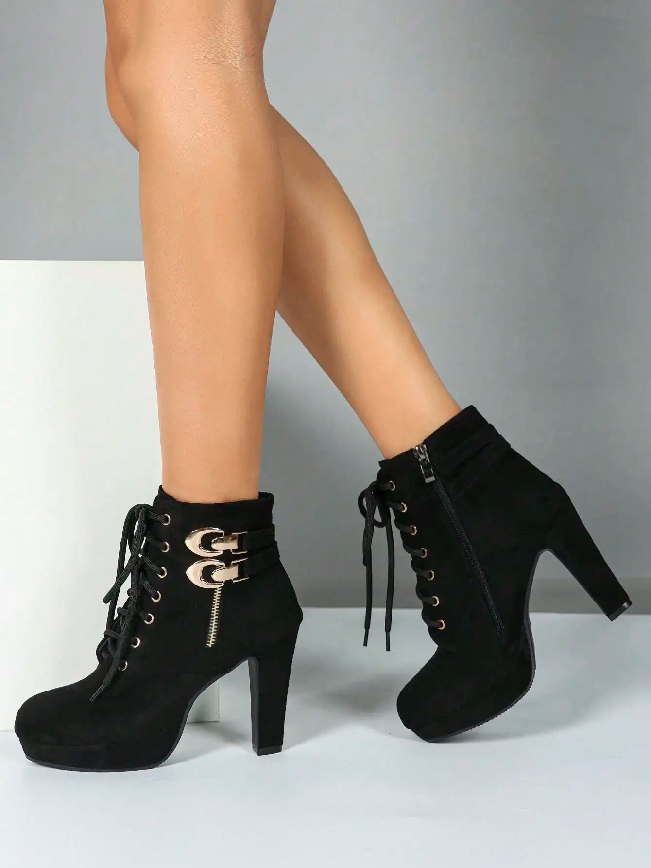 Women's Black Suede Platform Ankle Boots, Lace-Up Chunky High Heel Booties with Metal Buckle, Side Zipper