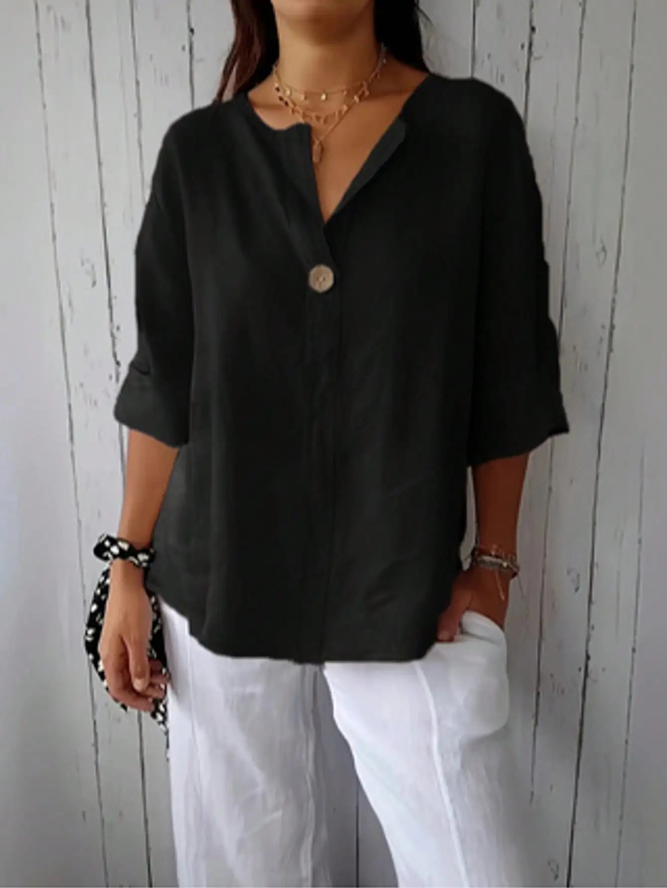 Women's Notched Collar Button Up Woven Blouse Loose Fit Spring