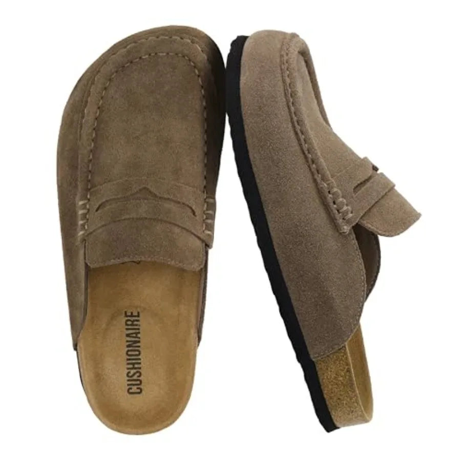 CUSHIONAIRE Fondu Genuine Leather Mule Clogs for Women, Comfortable Slip On Womens Shoes with Penny Strap Accent and Memory Foa