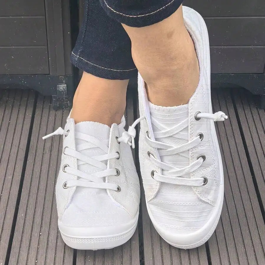 Womens White Lace-Up Flat Canvas Shoes Comfortable Casual Sneakers Spring Summer