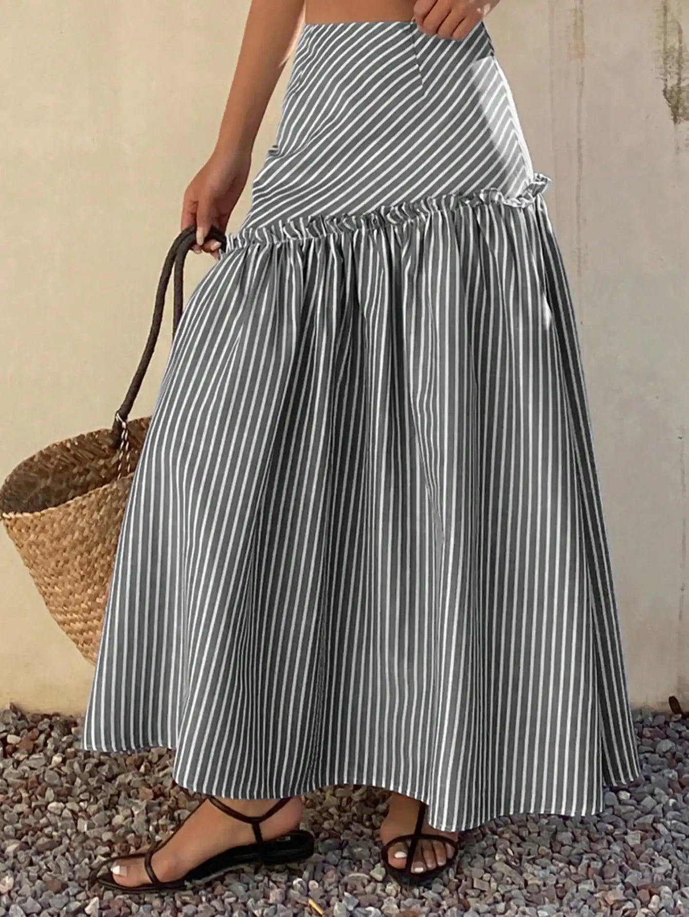 Livesso Loose Casual Vacation Style Beach Fashion Design Frill Asymmetric Striped Print High Waist Women Skirt, Spring/Summer