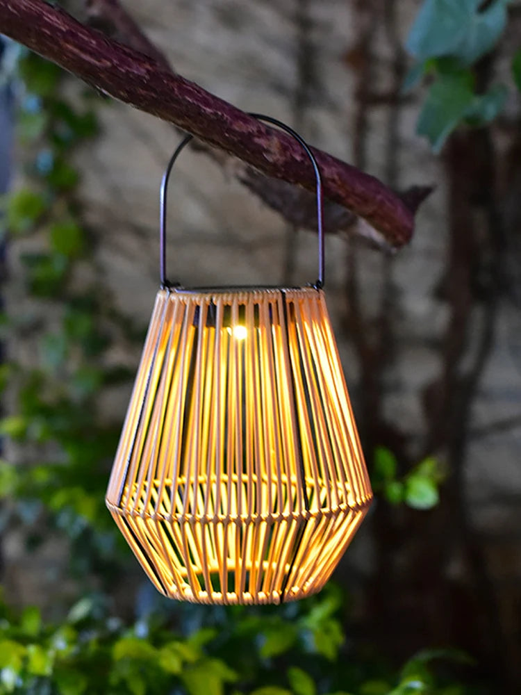 Outdoor Solar Lantern IP65 Waterproof with Handle Solar Hanging Lantern Light Rattan Bamboo Lamp for Yard Garden Home Decoration