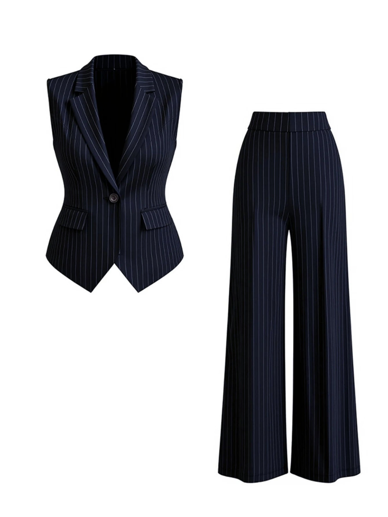 Vertical Stripe Lapel Sleeveless Vest And High Waist Wide Leg Pants Two Piece Office Suit For Women Formal Business Matching Outfit Set