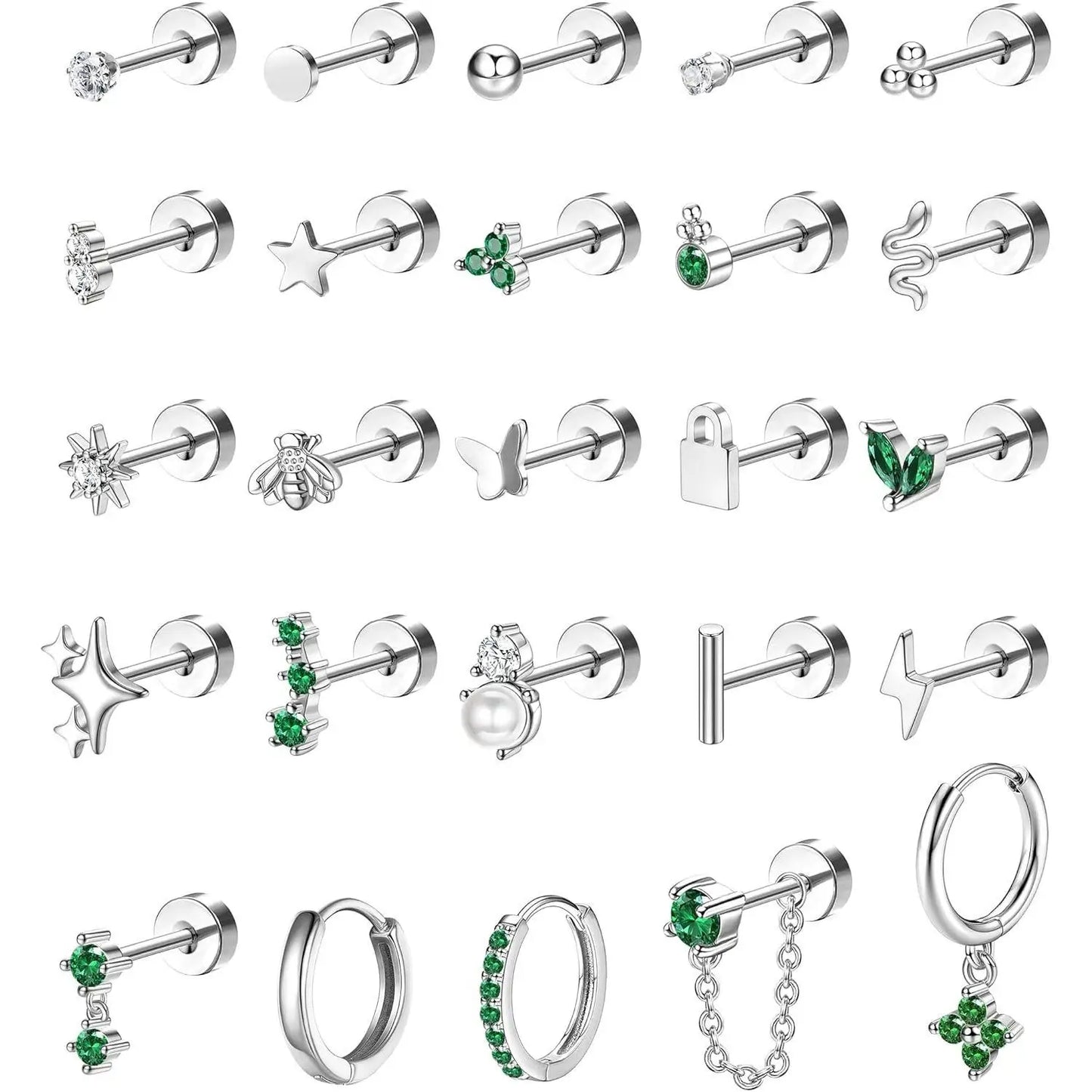 25 Pcs Surgical Steel Earrings for Sensitive Ears for Women Flat Back Studs Hoop Cartilage Earring for Multiple Piercing