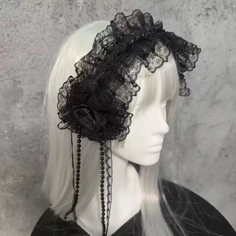 Lolita Gothic Black Lace Headband with Rose Bow Hairpins Victorian Satin Flower Hair Accessory for Women Cosplay Halloween Gifts