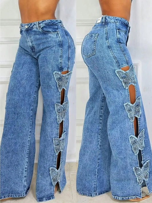 GLOURI Women's High Waist Stretchy Wide Leg Jeans | Washed Blue Denim Side Cutout with Butterfly Decorations Casual Loose Fit Denim Trousers for Date Night Daily Wear