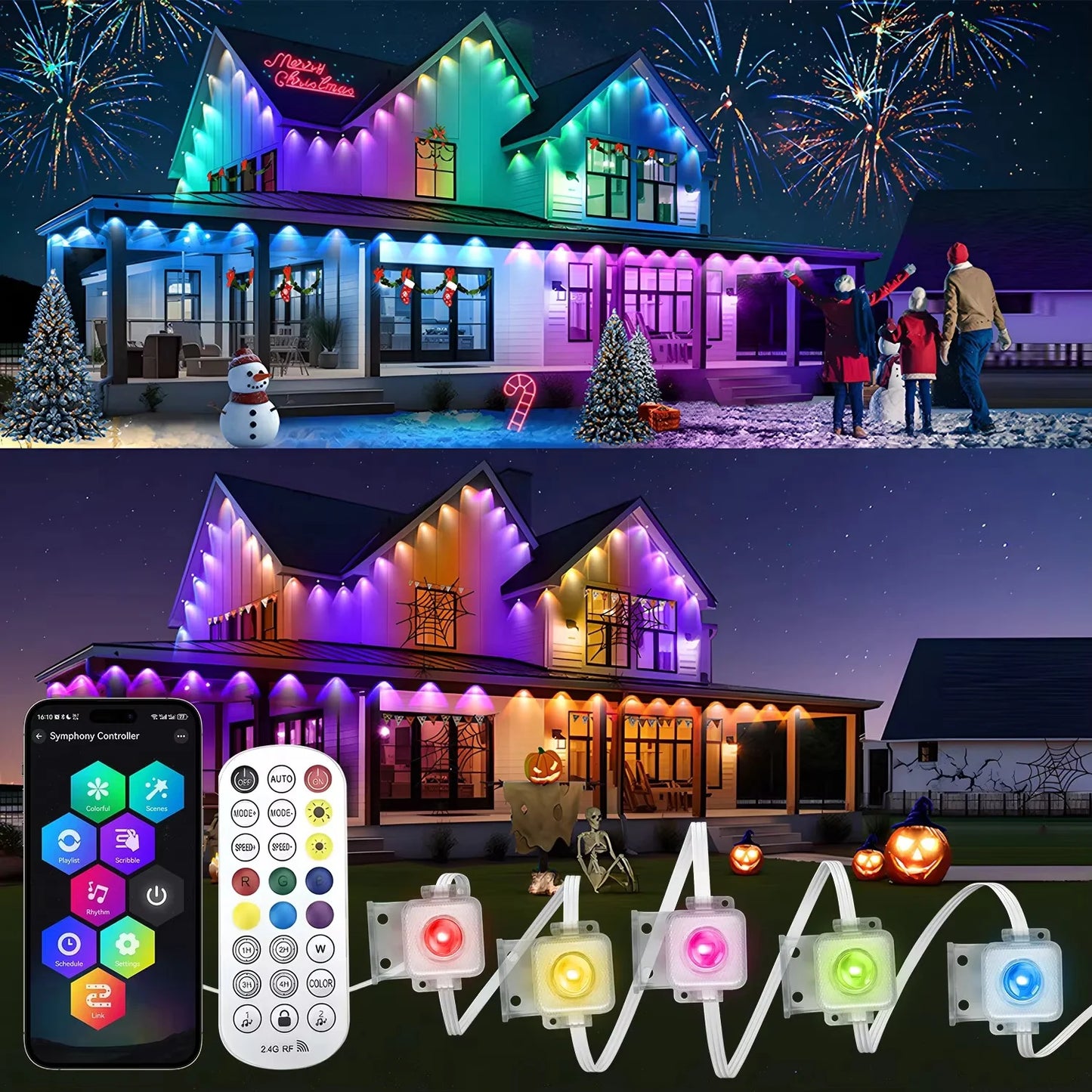 Smart Permanent Outdoor Lights Eaves Lights IP67 Waterproof Light String with App Remote Control Music Sync for House Roof Decor