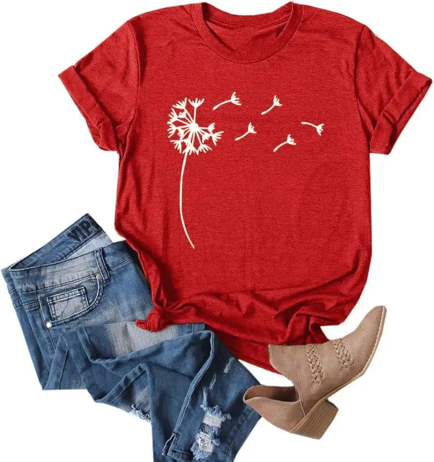 Women's Dandelion Print T Shirts Cute Graphic Tees Short Sleeve Summer Cotton Tee Tops