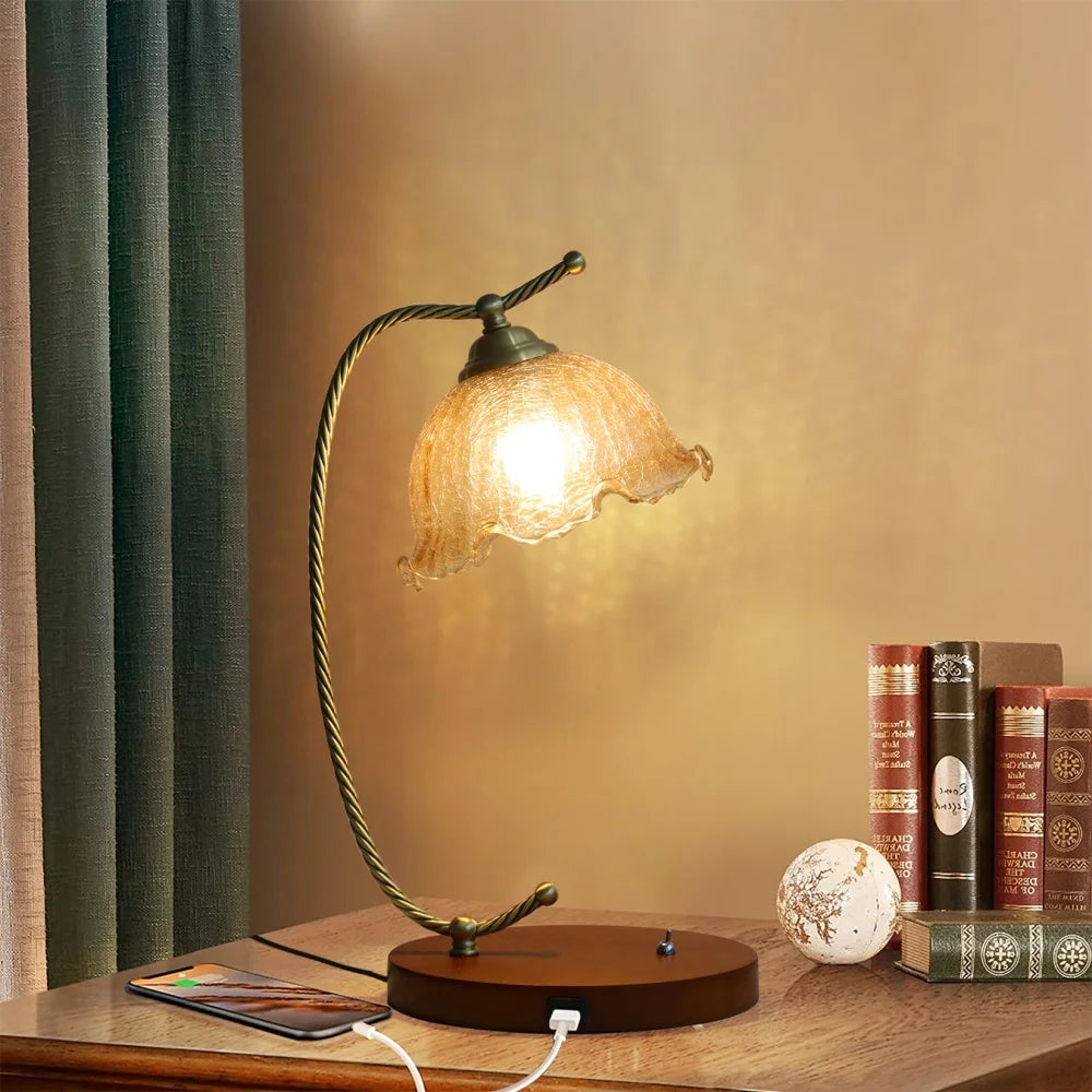 Mid-Century Bedside Table Lamp Modern Glass Flower Desk Lamp Gold Reading Lamp