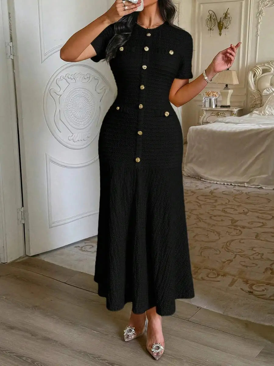 Yellow Textured Knit Midi Dress with Front Buttons and Faux Pockets