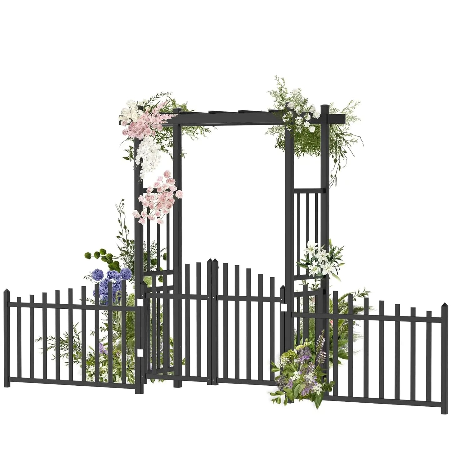 White PVC Garden Arbor with Gate & Fence, Wedding Arch Trellis for Climbing Plants, Outdoor Ceremony Backdrop, 7.5ft H, Custom