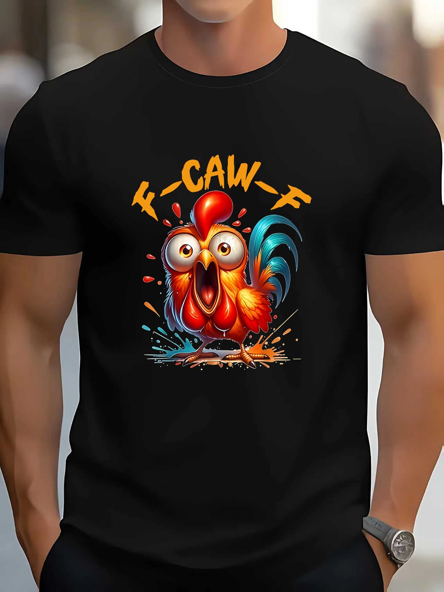 Men's Funny Rooster Meme T-Shirt with F-Caw-F Phrase & Cartoon Chicken Design - Heavyweight 180gsm Casual Round Neck Short Sleeve Tee Suitable for Parties, Outings, - Humorous Novelty Apparel for Men &