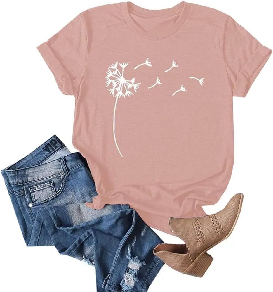 Women's Dandelion Print T Shirts Cute Graphic Tees Short Sleeve Summer Cotton Tee Tops