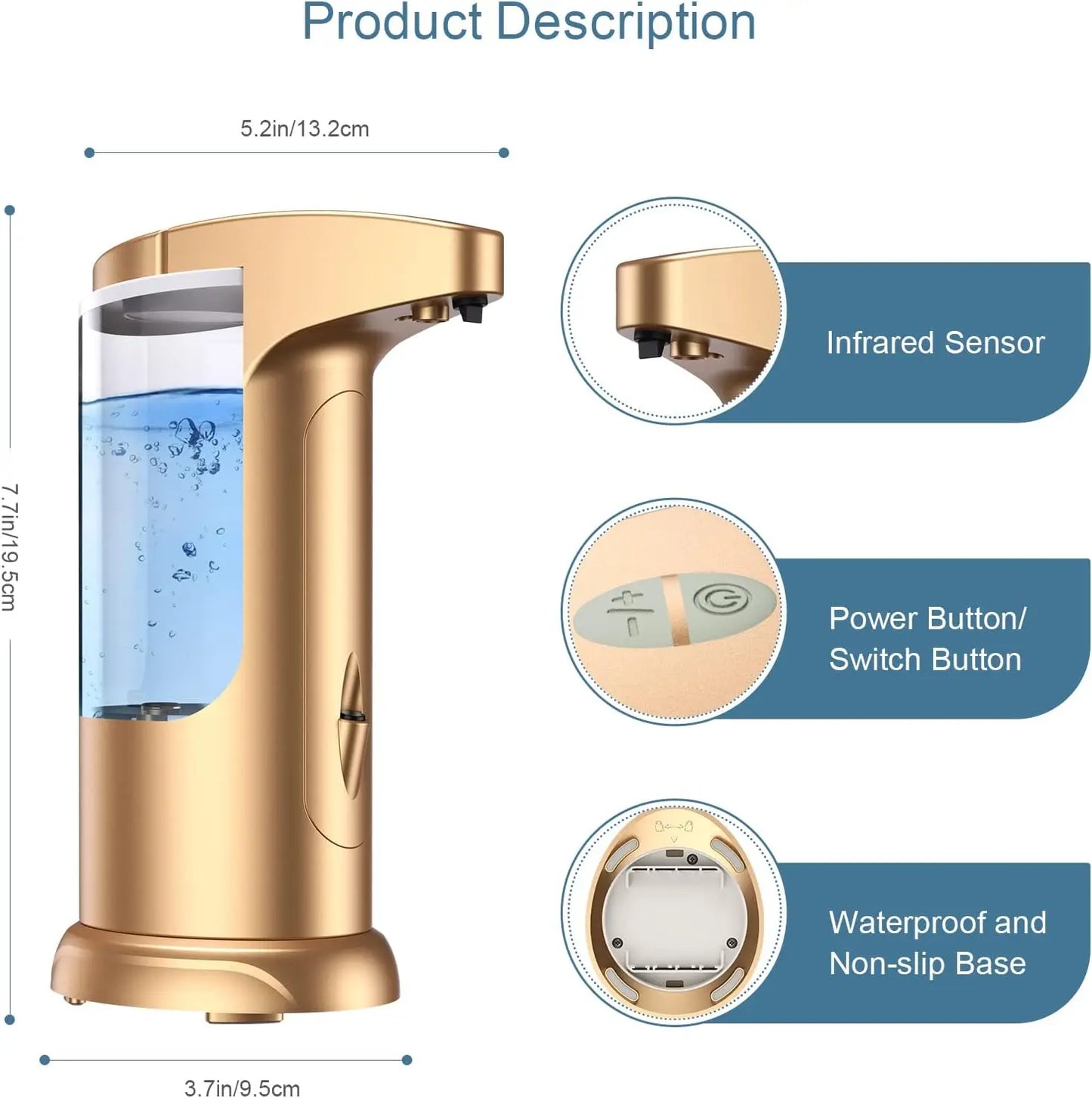 370ml Touch-Free Automatic Soap Dispenser - Adjustable Volume for Kitchen Bathroom Toilet in Golden