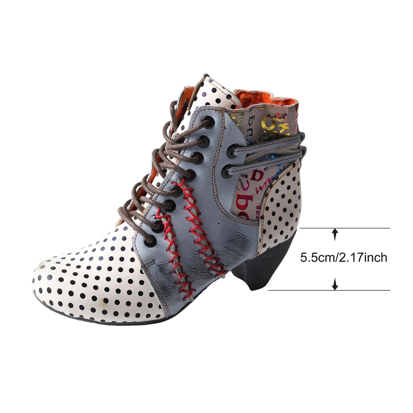 TMA EYES Women's Retro Polka Dot Mid Heel Boots Spring Autumn Winter Fashion Patchwork Chunky Heel Side Zipper Ankle Boots