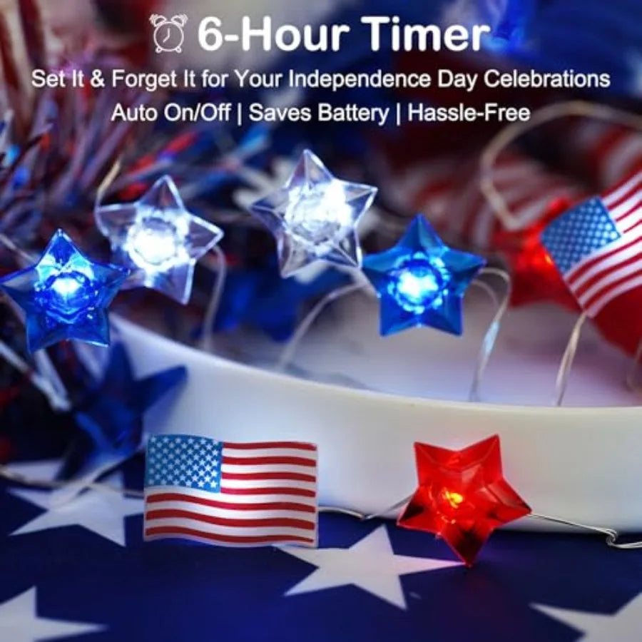 4th of July Decorations Star American Flag Lights 13Feet 40LED Fairy String Lights Battery Operated with Timer Fourth of July D