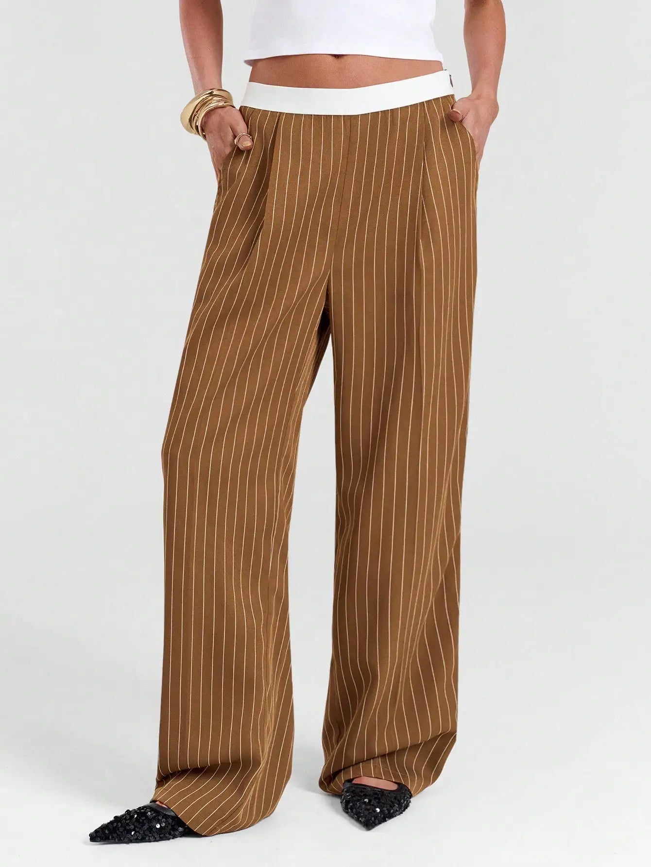 Wide Leg Pinstripe Trousers For Women Casual Office Party