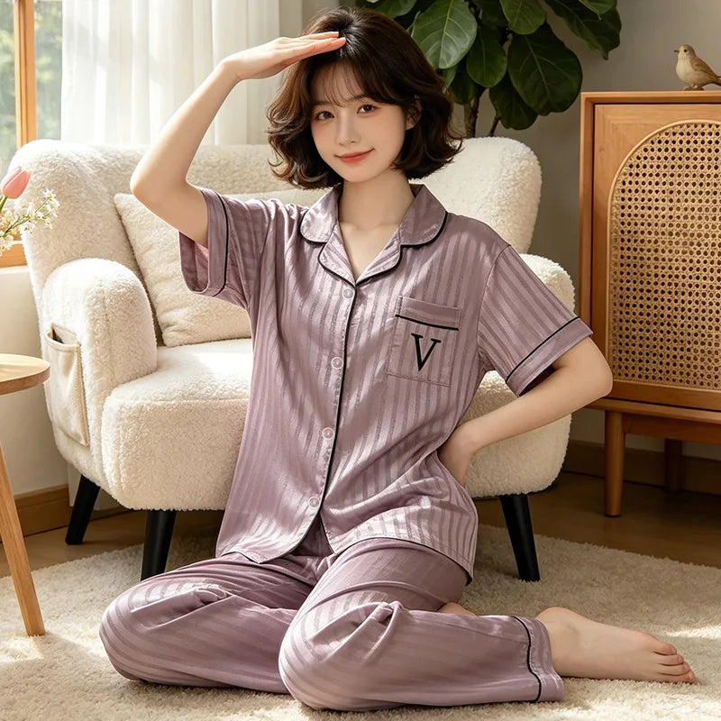 Luxury Letter Print V Neck Ice Silk Pajama Set | Striped Short Sleeve Long Pants Women Summer Nightwear