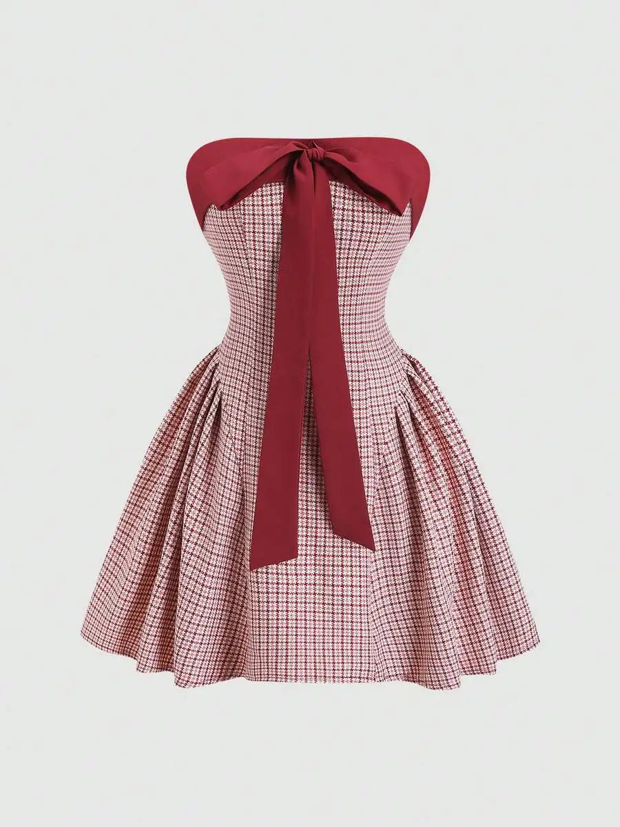 Vintage Houndstooth Strapless Bowknot Mini Dress Red And White Casual