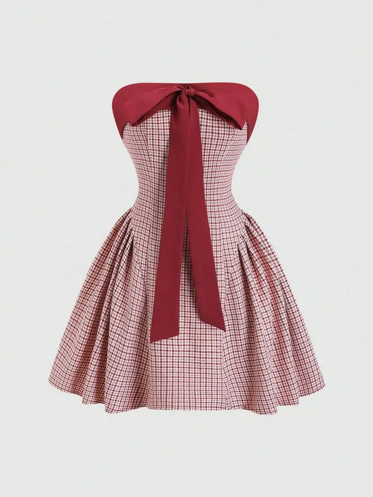Vintage Houndstooth Strapless Bowknot Mini Dress Red And White Casual