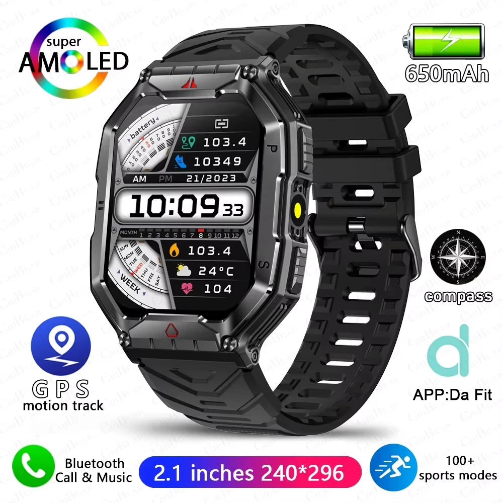 Multi Sport Smart Watch Men Outdoor Compass LED Flashlight 650mAh Large Battery 2.01" HD Display Heart Rate BT Call Smartwatch