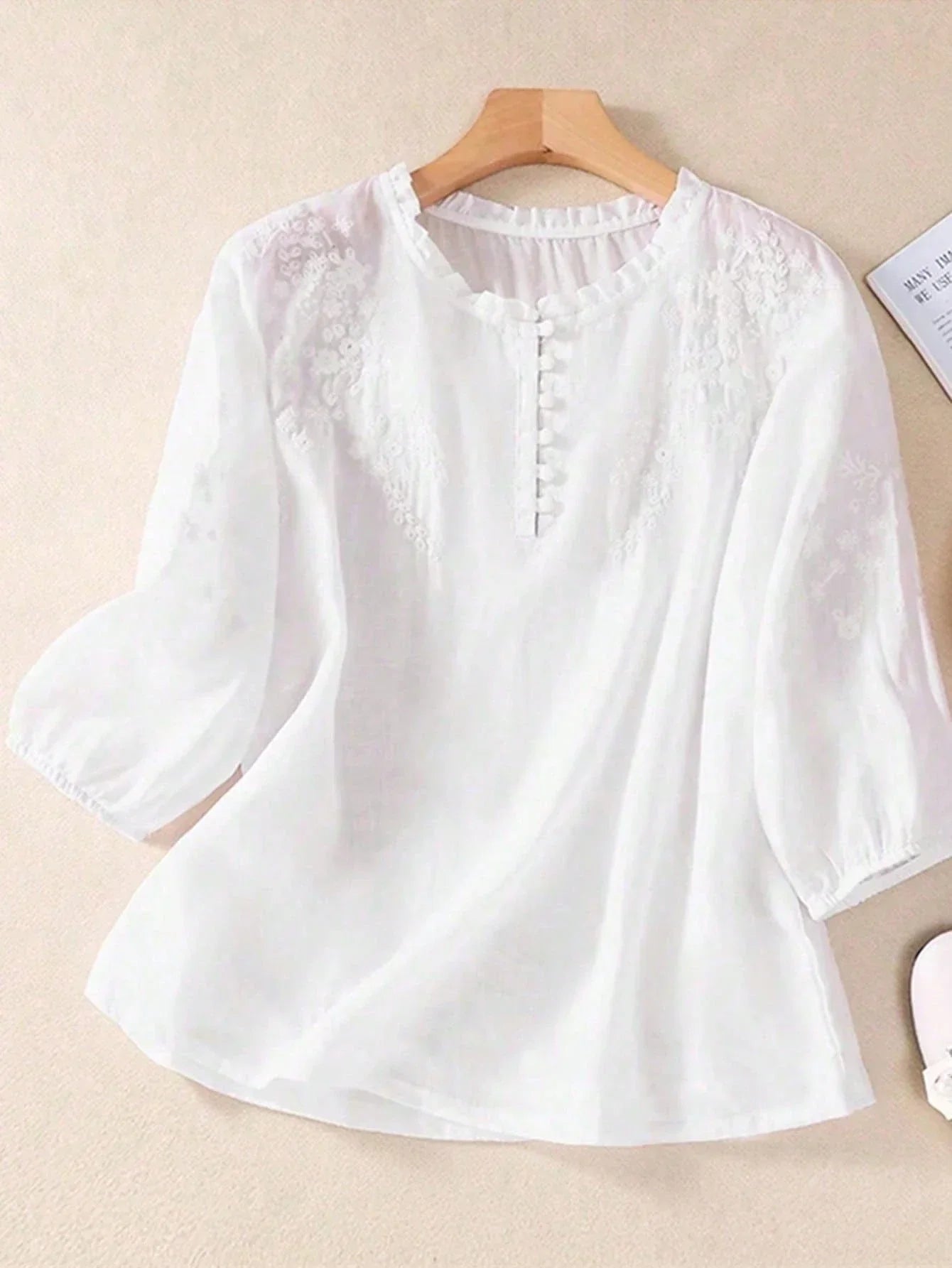 Women Embroidered Loose Bohemian Mid-Sleeve Blouse Solid White