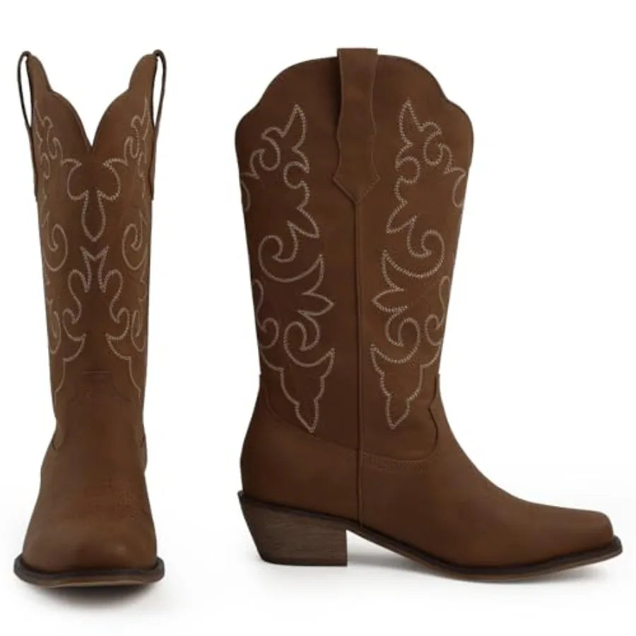 Square Toe Cowboy Boots for Women Mid Calf Cowgirl Boots Chunky Heel Western Cowboy Boots for Daily Outfits Party Country Conce