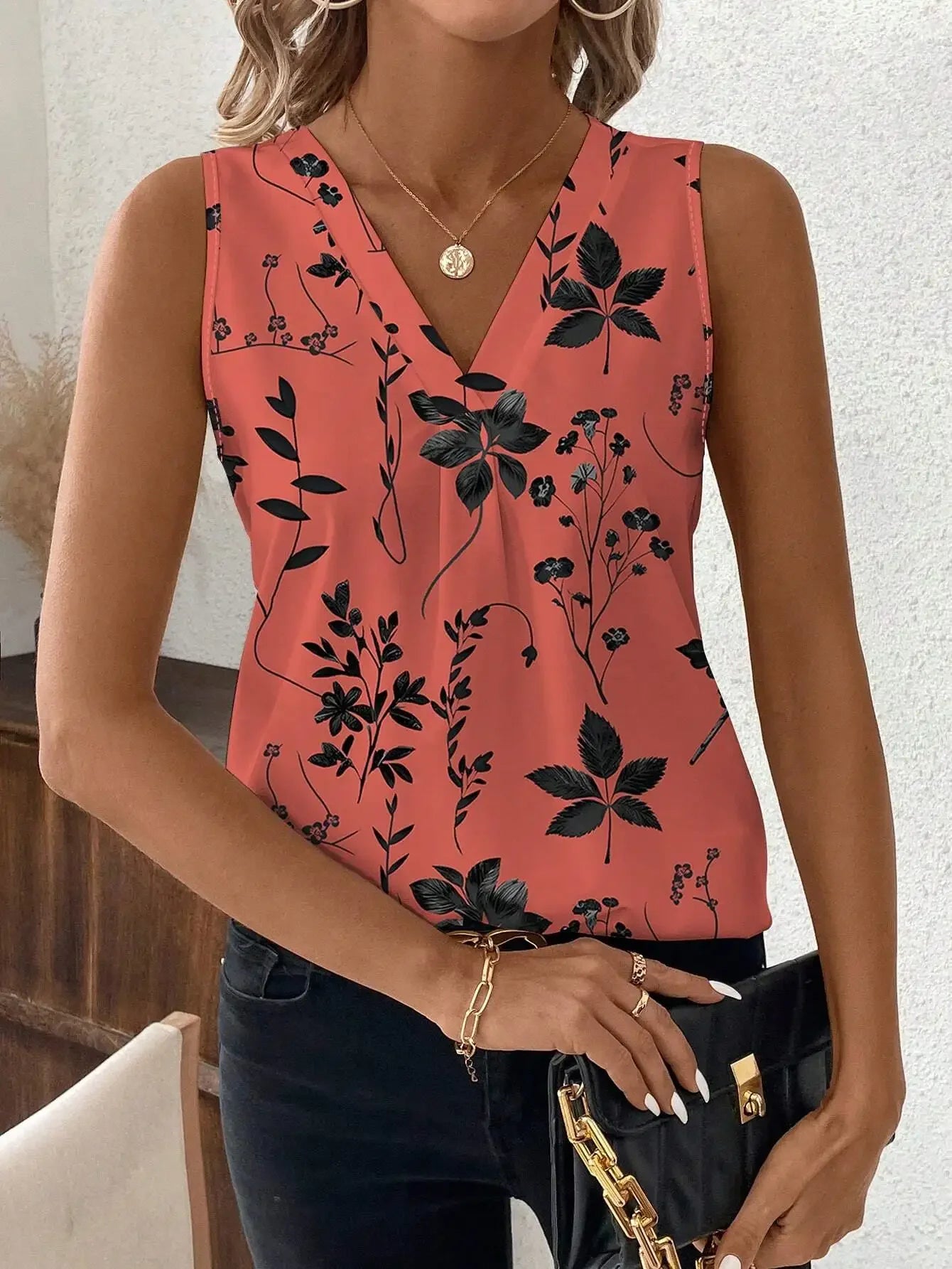 Vintage Floral Print V-Neck Sleeveless Casual Blouse For Women Summer Chic Top