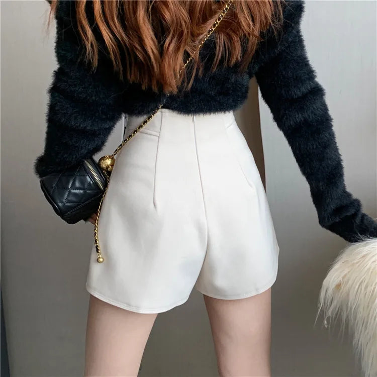 Single Breasted Wide Leg Shorts Solid Classic Slim High Waist Spring Summer Women Daily Casual Hot Pants