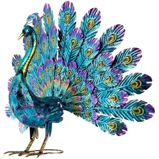 Alpine Corporation 23" Tall Outdoor Metal Peacock Statue, Multicolor | Vibrant multicolor peacock statue with a detailed tail sp